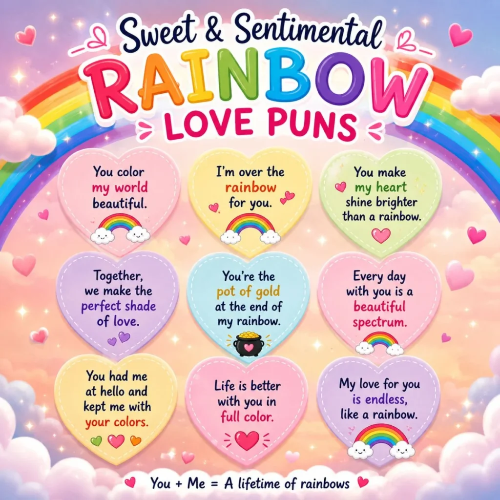 Sweet and sentimental rainbow love puns poster with colorful hearts, rainbow illustrations, and romantic wordplay on a pastel sky