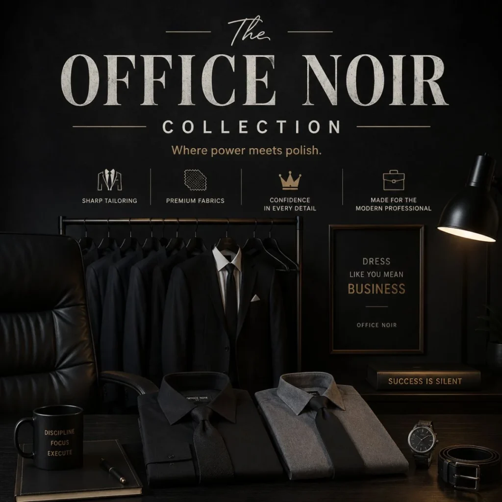 Office Noir collection featuring black business suits, shirts, tie, watch, and luxury office styling for modern professionals