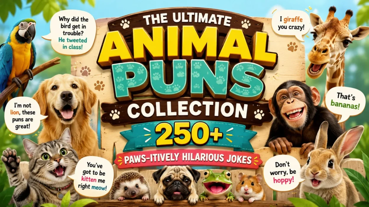 Colorful banner featuring funny animal puns with a dog, cat, giraffe, rabbit, monkey, parrot, and 250+ hilarious jokes.