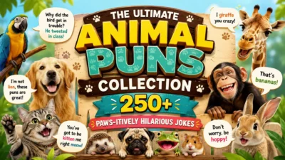 Colorful banner featuring funny animal puns with a dog, cat, giraffe, rabbit, monkey, parrot, and 250+ hilarious jokes.