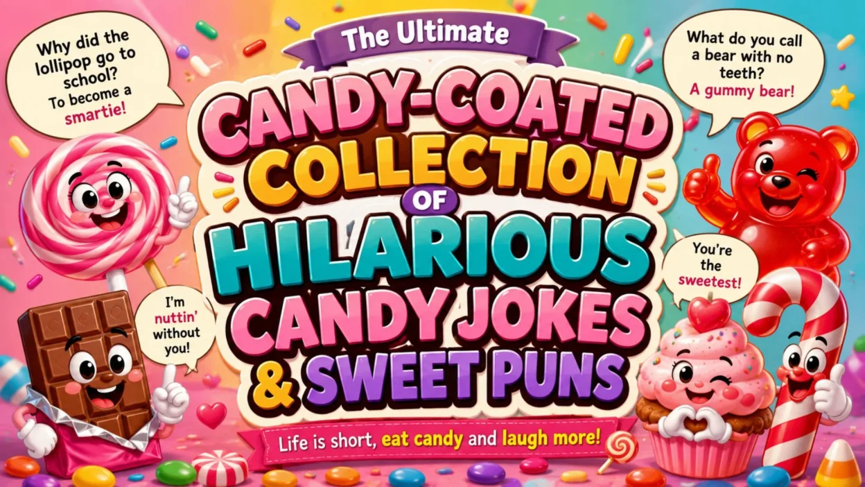 Colorful cartoon candy characters with funny candy jokes and sweet puns in a vibrant candy-themed collection banner.
