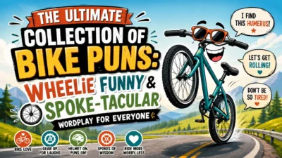 Colorful bike puns poster with a smiling bicycle, wheelie jokes, cycling wordplay, and scenic road background.