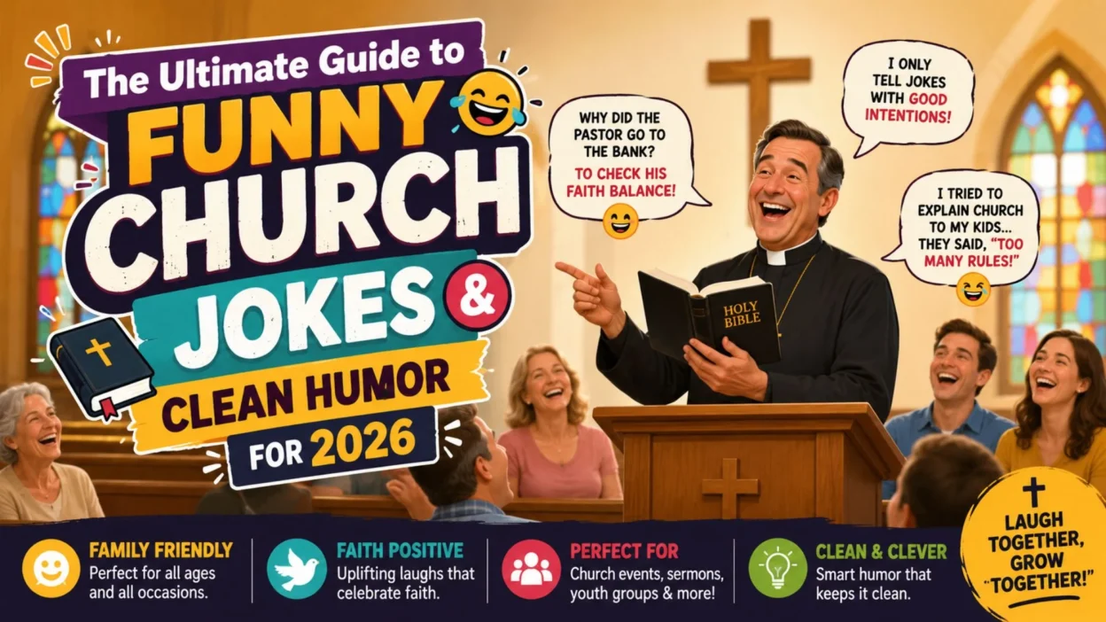 Funny Church Jokes 2026 cover with a smiling pastor, laughing congregation, and clean Christian humour in a colourful church setting.