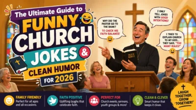Funny Church Jokes 2026 cover with a smiling pastor, laughing congregation, and clean Christian humour in a colourful church setting.