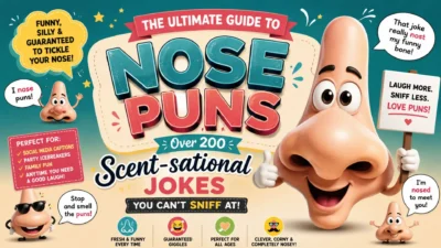 Colorful nose puns cover featuring a smiling cartoon nose and over 200 funny scent-sational jokes for all ages