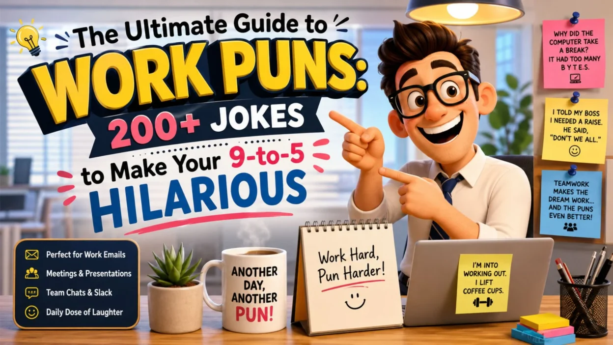 Work puns guide featuring 200+ office jokes, funny desk setup, sticky note humor, and cheerful coworker illustration