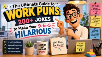 Work puns guide featuring 200+ office jokes, funny desk setup, sticky note humor, and cheerful coworker illustration