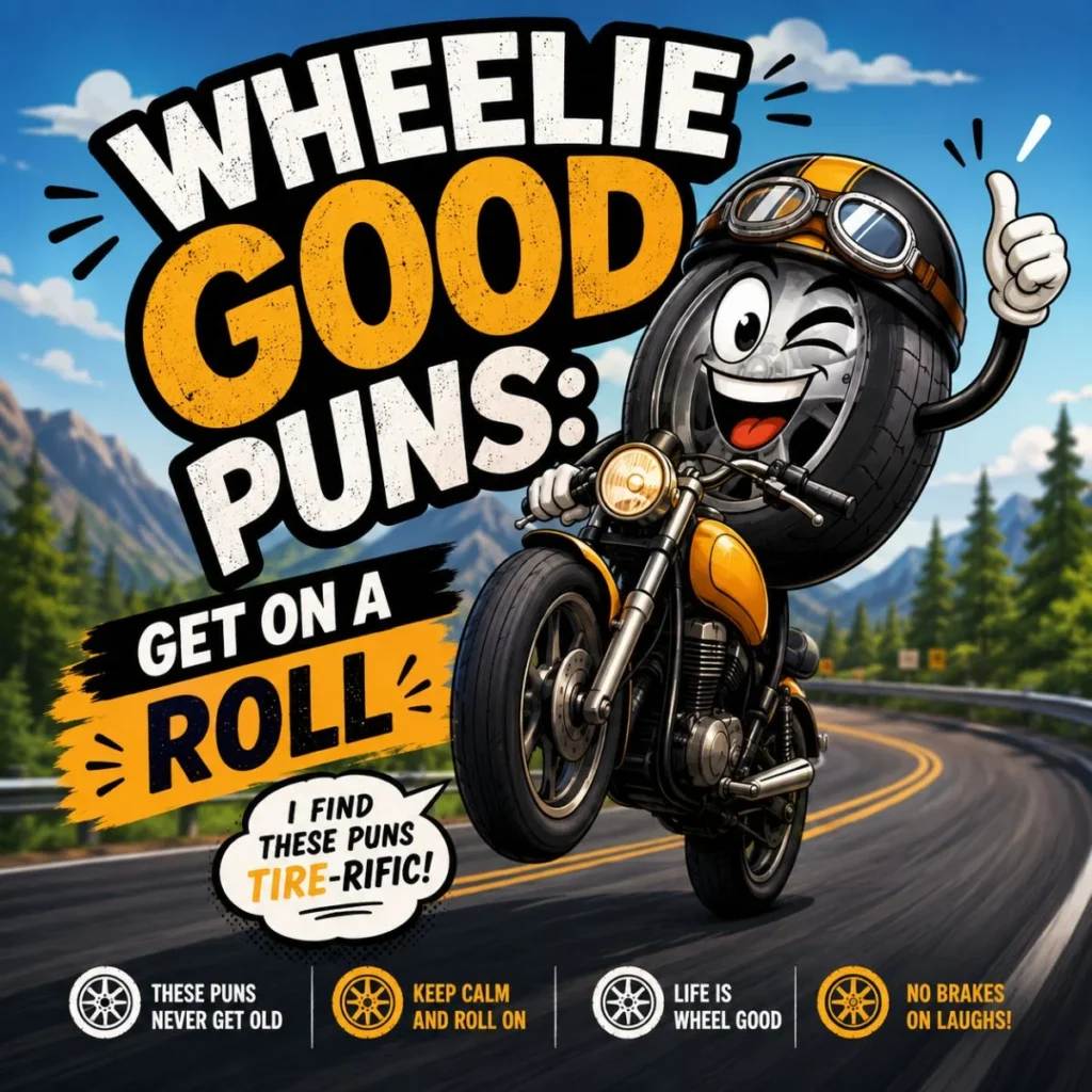 Cartoon motorcycle doing a wheelie with bold "Wheelie Good Puns: Get on a Roll" text and a smiling tire mascot.