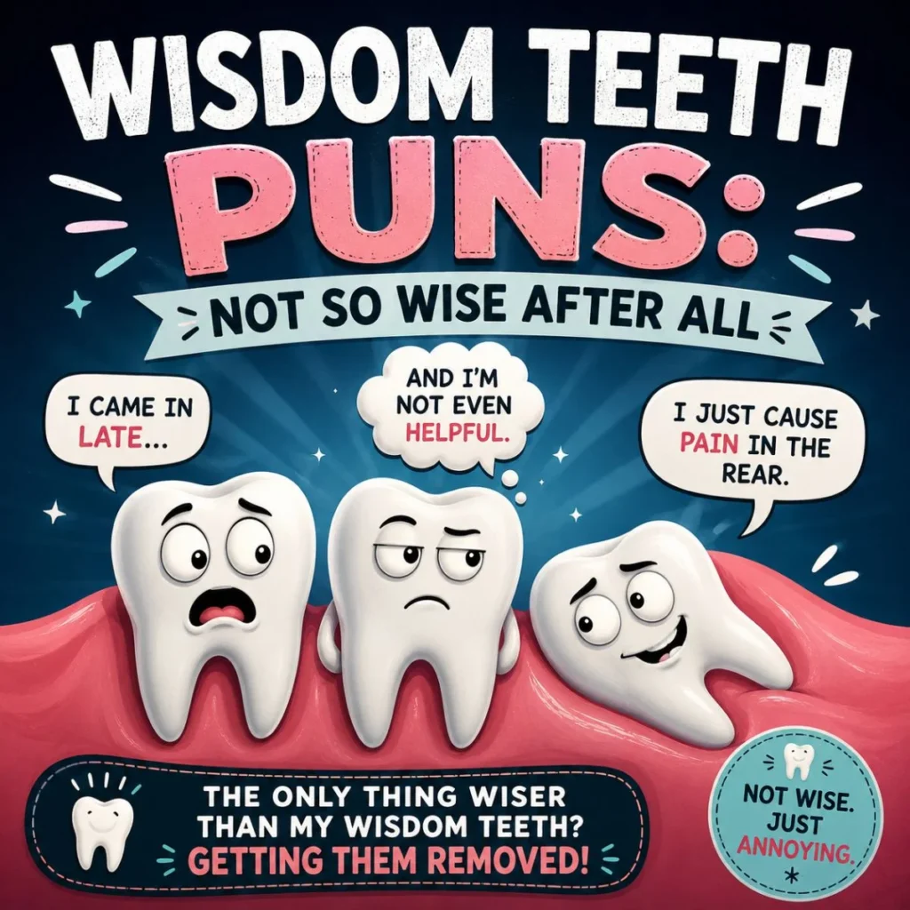 Funny wisdom teeth puns illustration with cartoon teeth making jokes about late arrival, pain, and wisdom tooth removal.