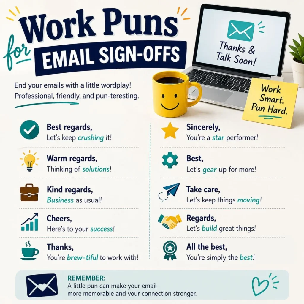 Colorful infographic of work puns for email sign-offs with fun office icons, laptop, coffee mug, and witty farewell phrases.