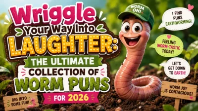 Cute cartoon earthworm promoting the ultimate collection of funny worm puns for 2026 in a colorful garden scene.