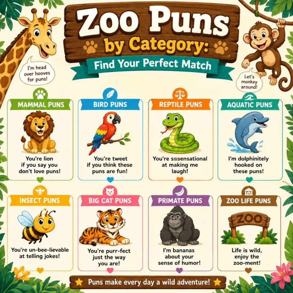 Colorful zoo puns by category infographic featuring cute animals including lion, giraffe, monkey, dolphin, tiger, gorilla, and parrot.