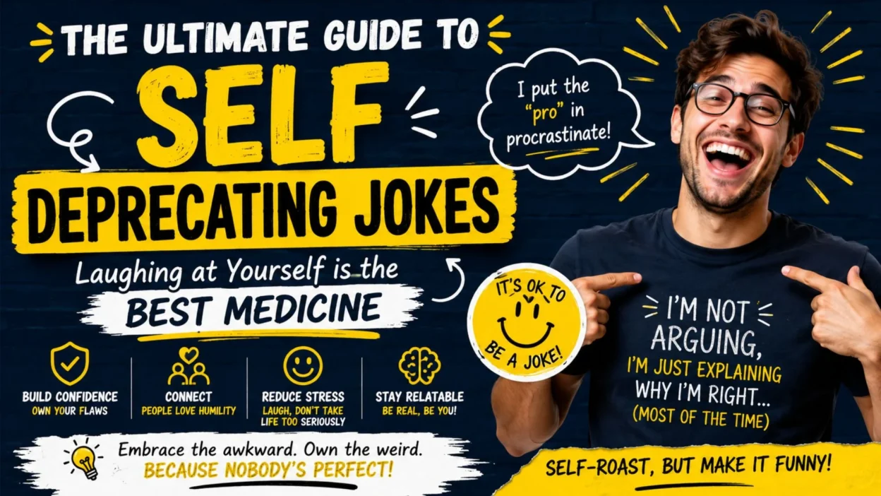 Smiling man with self-deprecating jokes and confidence tips in a colorful guide about laughing at yourself and reducing stress.