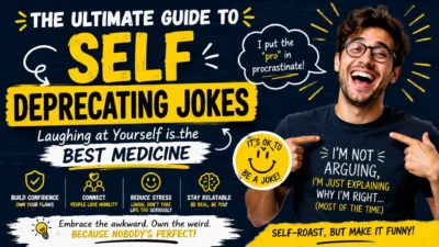 Smiling man with self-deprecating jokes and confidence tips in a colorful guide about laughing at yourself and reducing stress.