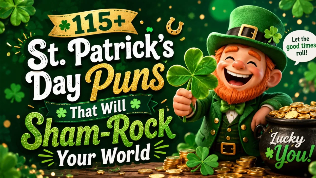 115+ St. Patrick’s Day puns graphic with cheerful leprechaun, shamrocks, pot of gold, and festive green background