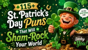 115+ St. Patrick’s Day puns graphic with cheerful leprechaun, shamrocks, pot of gold, and festive green background