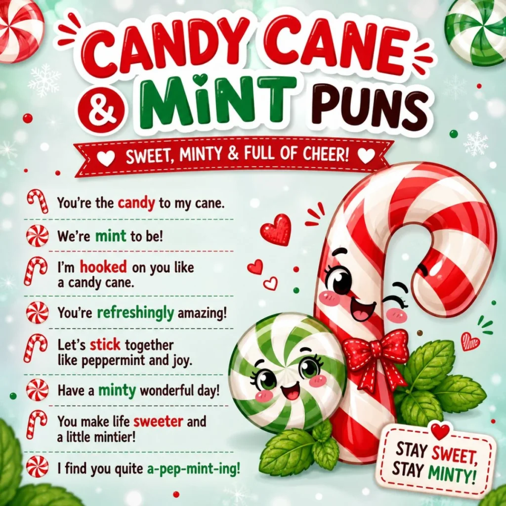 Cute candy cane and peppermint characters with funny candy cane and mint puns on a festive holiday-themed poster