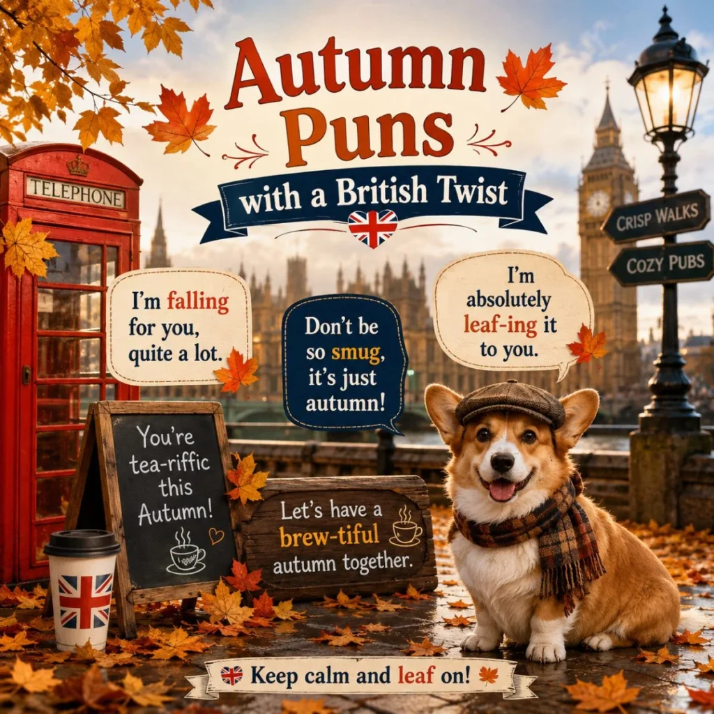Autumn puns with a British twist featuring a cozy corgi, Big Ben, red phone booth, and colourful fall leaves in London.
