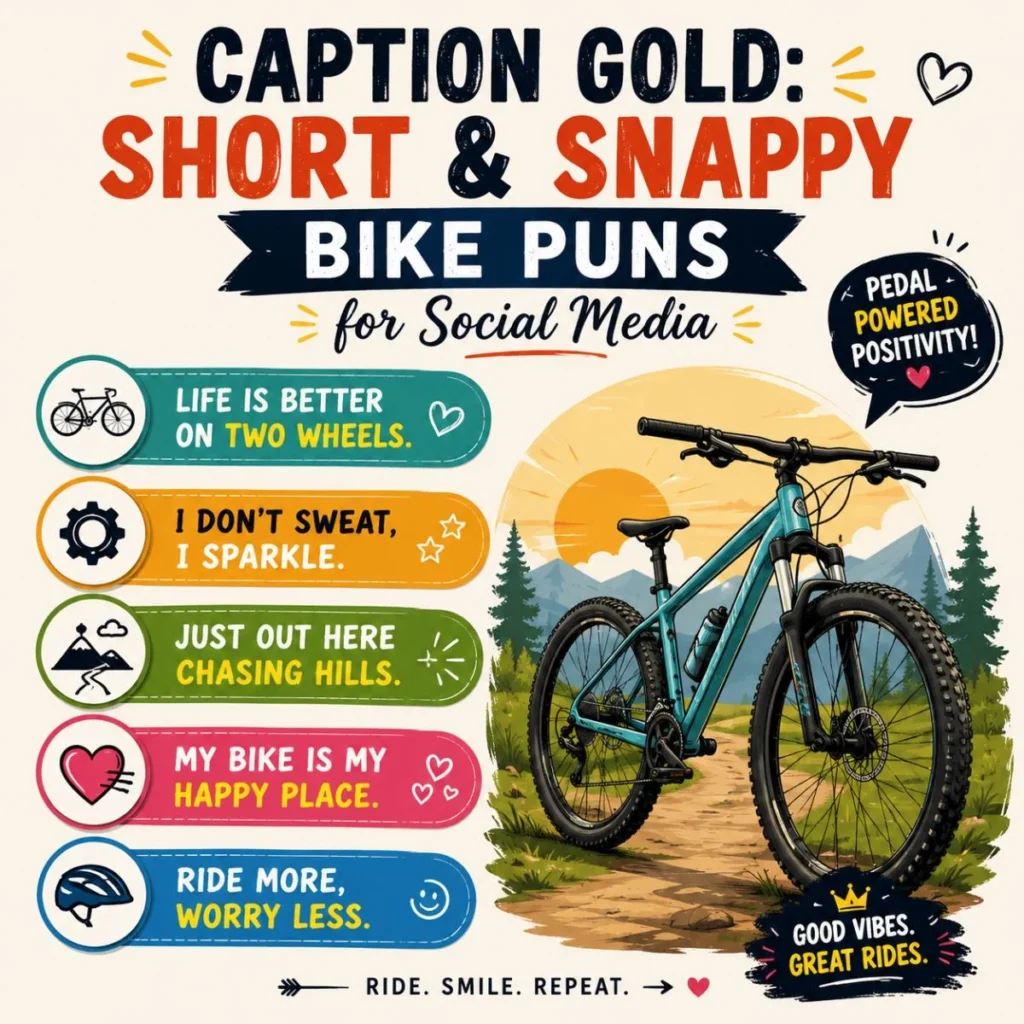 Colorful graphic featuring short and snappy bike puns for social media with a mountain bike, scenic trail, and bold typography.