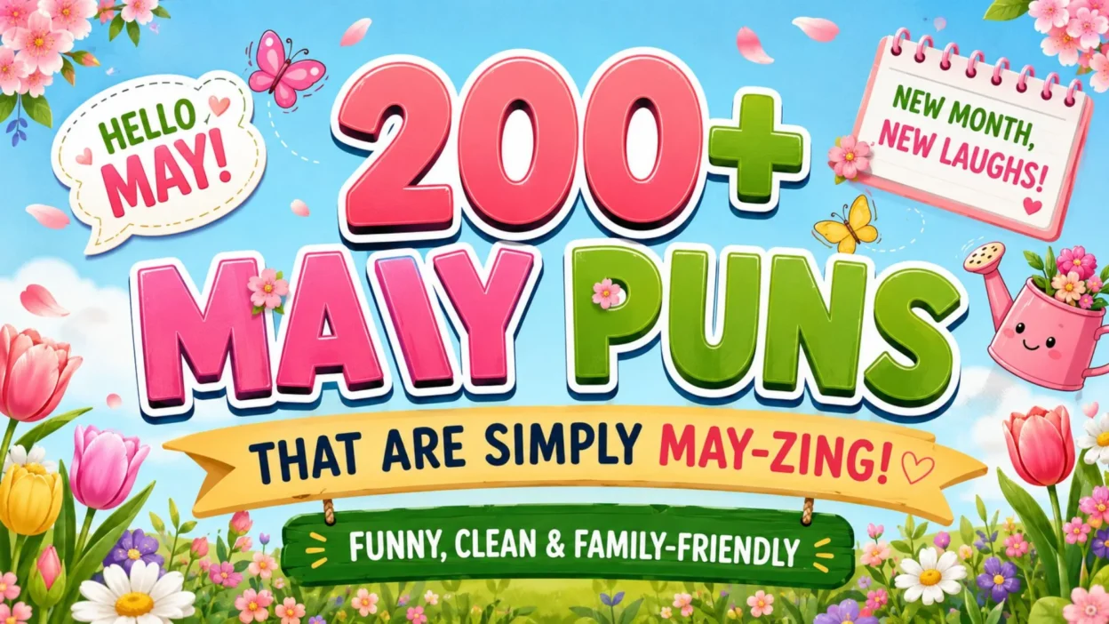Colorful spring banner featuring 200+ May puns with blooming flowers, butterflies, and family-friendly humor.
