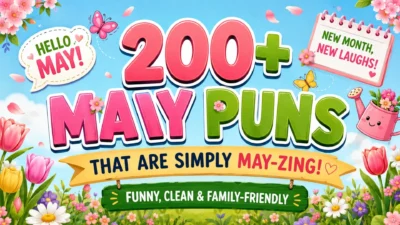 Colorful spring banner featuring 200+ May puns with blooming flowers, butterflies, and family-friendly humor.