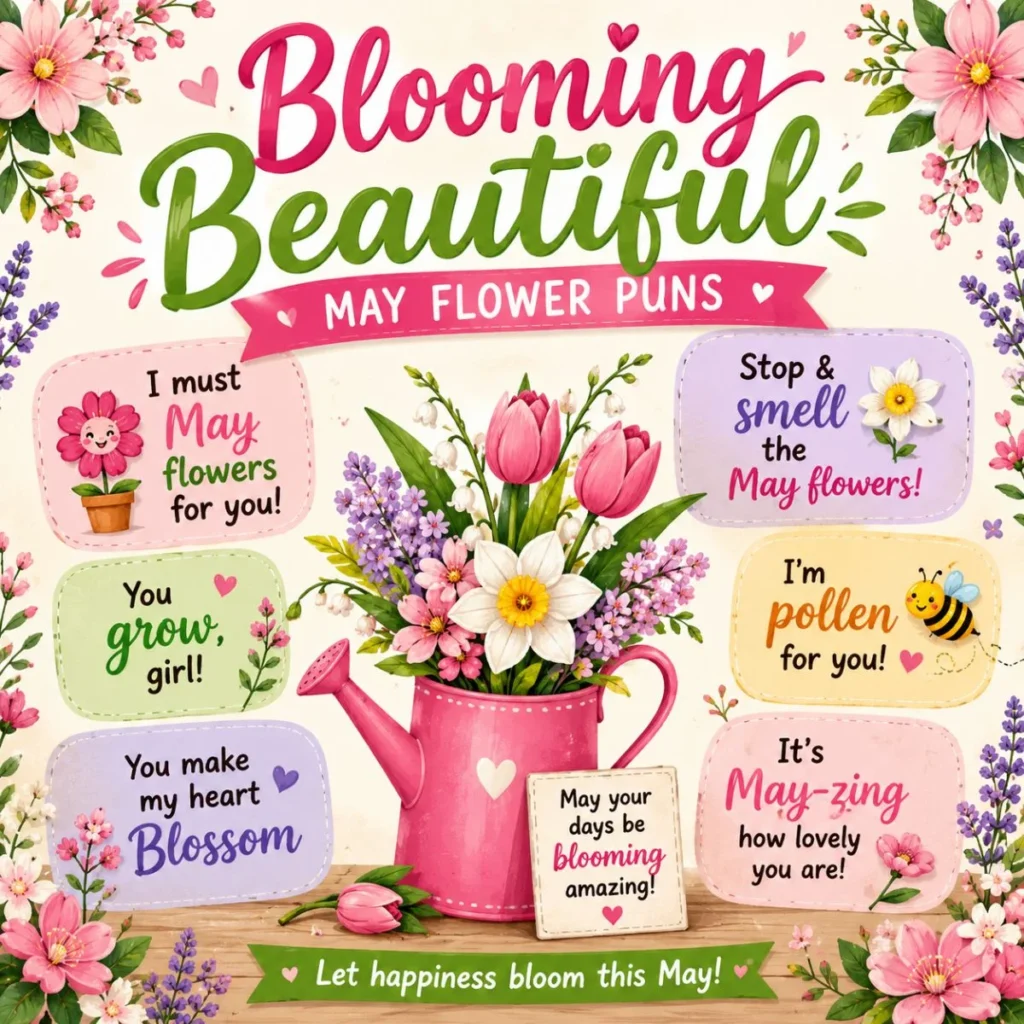 Blooming Beautiful May flower puns poster with colorful spring flowers, tulips, daisies, and cheerful floral wordplay.