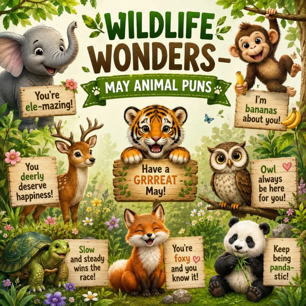 Cute woodland animals with funny May animal puns in a colorful spring forest illustration celebrating wildlife and seasonal humor.