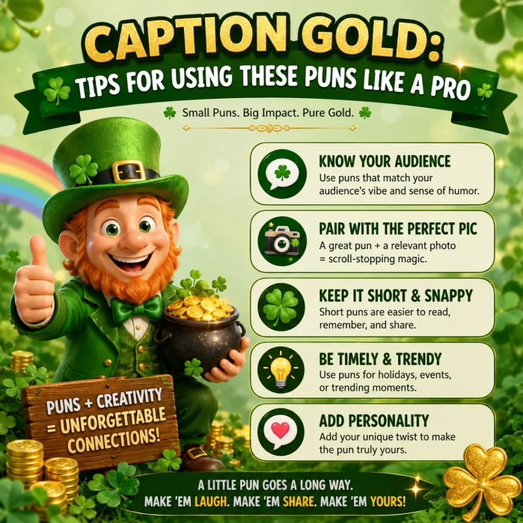 St. Patrick's Day pun tips infographic with a cheerful leprechaun, pot of gold, and caption writing ideas for social media.