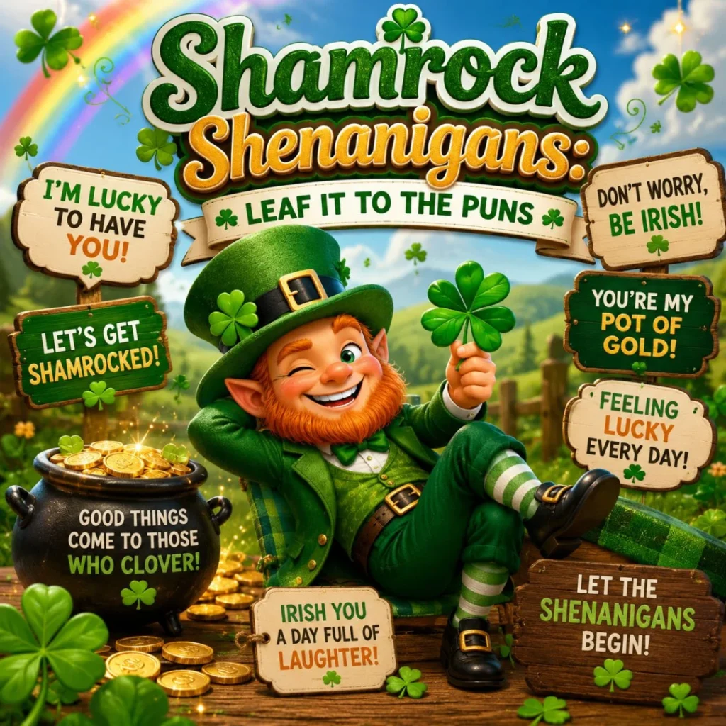 Cheerful leprechaun holding a shamrock with St. Patrick's Day puns, rainbow, pot of gold, and lucky clovers.