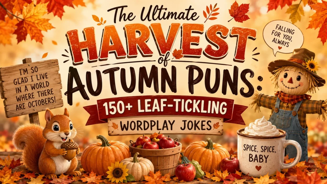 Cozy autumn harvest scene with pumpkins, scarecrow, squirrel, and colorful leaves promoting 150+ autumn puns and wordplay.