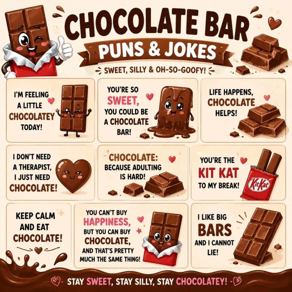 Cute chocolate bar puns and jokes infographic with smiling chocolate characters and funny sweet humor for chocolate lovers