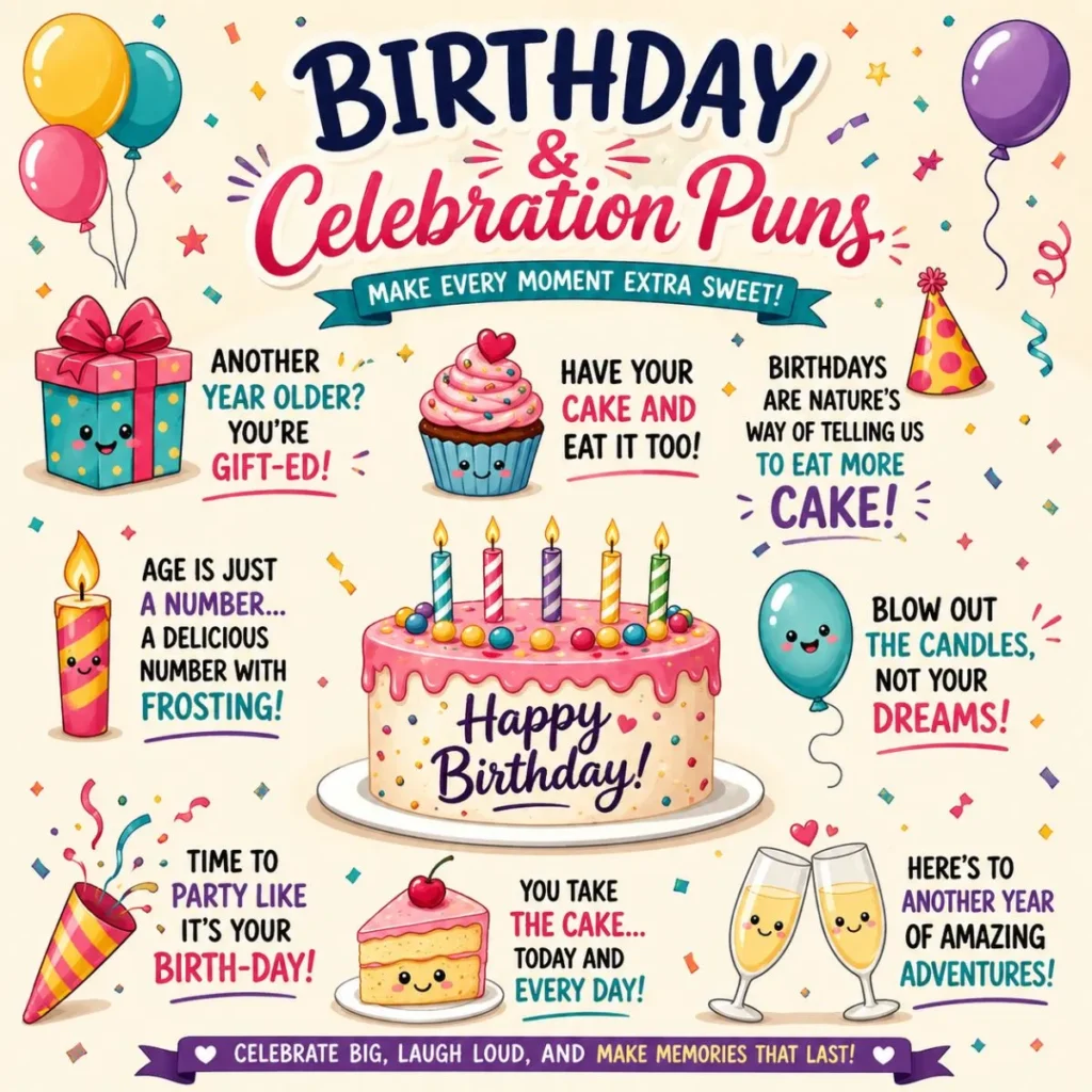 Cute Birthday & Celebration Puns poster with colorful cake, balloons, cupcakes, confetti, and funny birthday quotes.