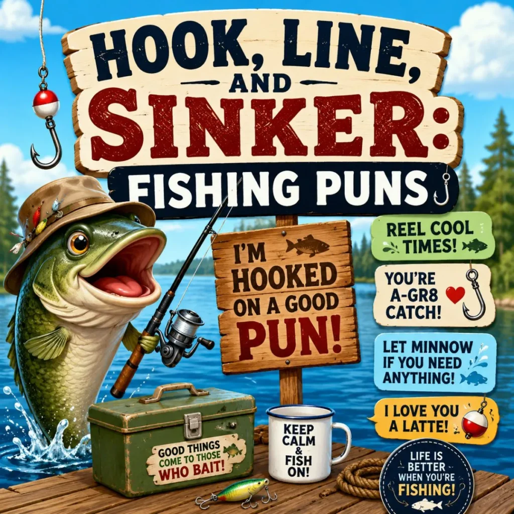 Colorful fishing puns poster with a smiling bass, fishing rod, tackle box, and funny lake-themed wordplay