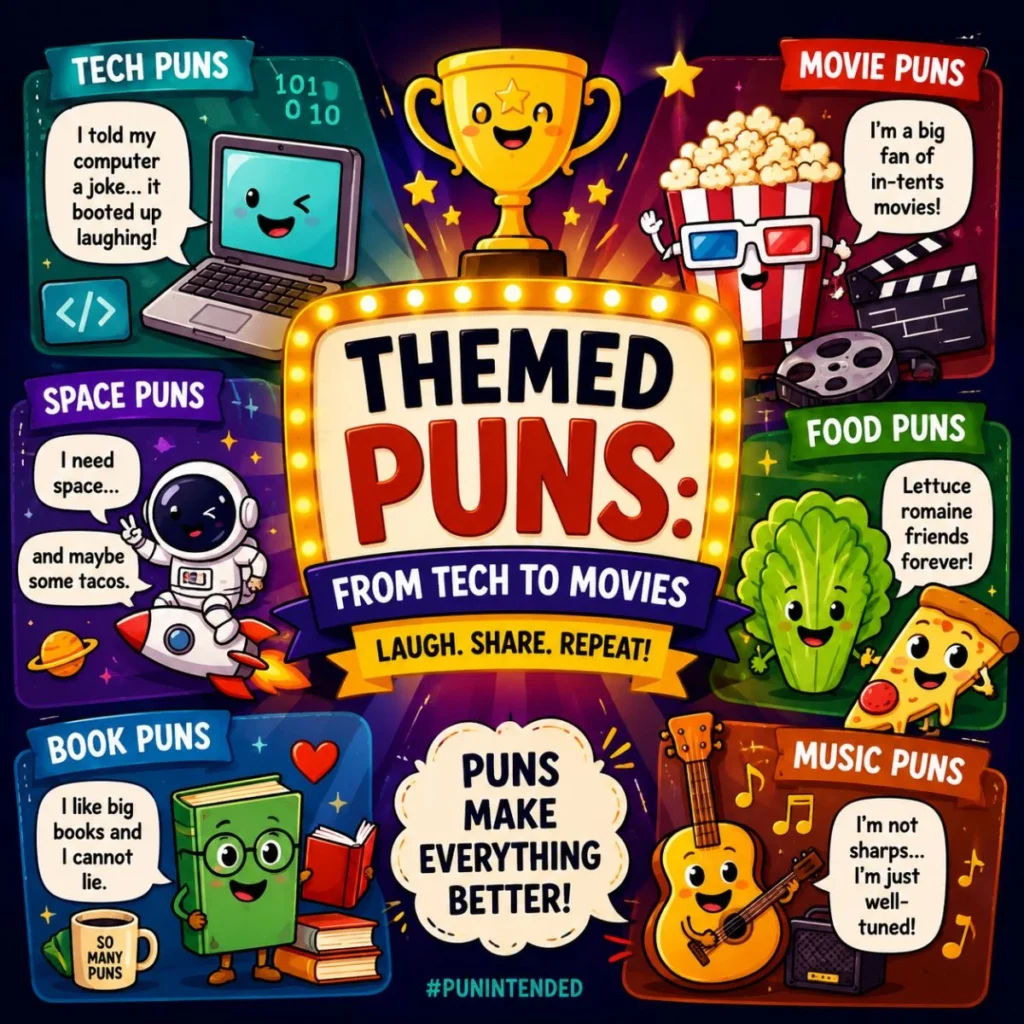 Colorful themed puns poster featuring tech, movie, food, space, book, and music jokes with fun cartoon illustrations.