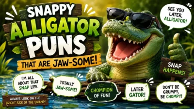Smiling cartoon alligator in a swamp with funny alligator puns and colorful speech bubbles saying jaw-some jokes
