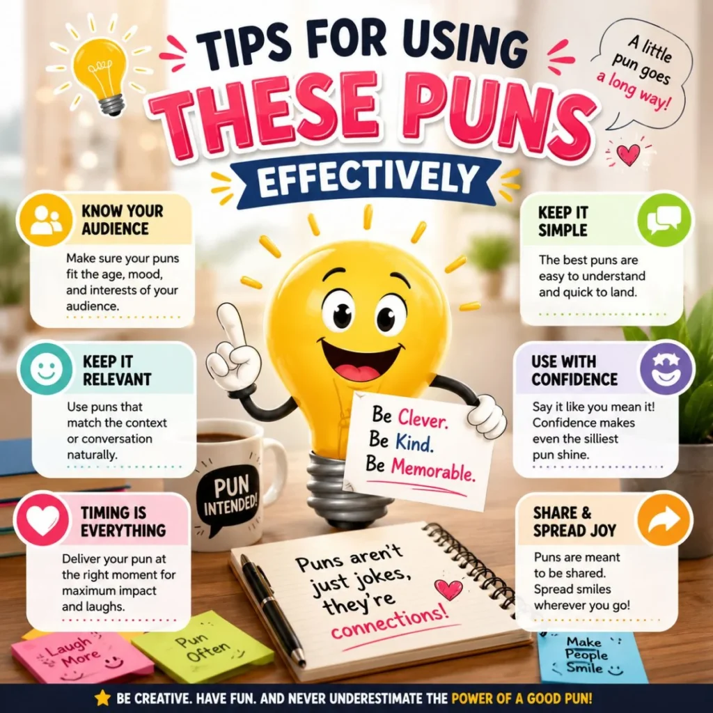 Colorful infographic with a smiling light bulb sharing practical tips for using puns effectively in everyday conversations.