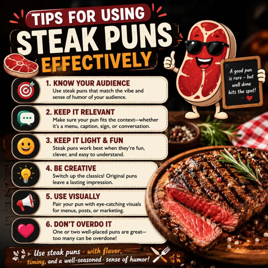 Tips for using steak puns effectively with a smiling cartoon steak, grilled steak, and fun infographic design.