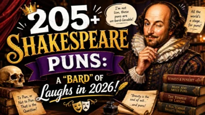 205+ Shakespeare puns graphic featuring Bard humor, witty quotes, and a Shakespeare character design.