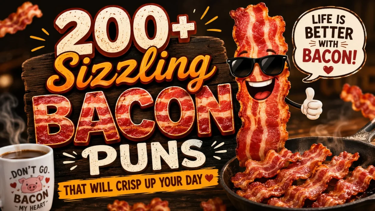 200+ sizzling bacon puns poster with smiling cartoon bacon, crispy strips in a skillet, and funny breakfast-themed typography.