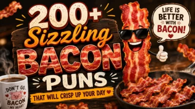 200+ sizzling bacon puns poster with smiling cartoon bacon, crispy strips in a skillet, and funny breakfast-themed typography.