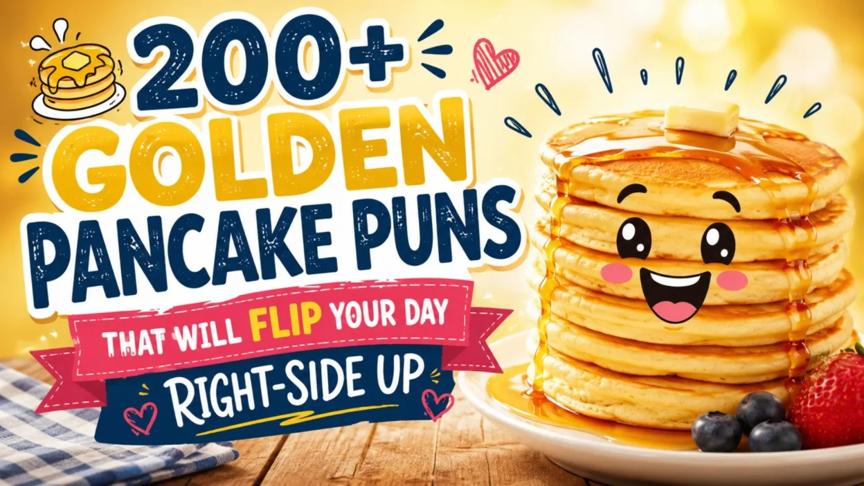 Smiling pancake stack with syrup promoting 200+ golden pancake puns in a bright, fun breakfast-themed banner.