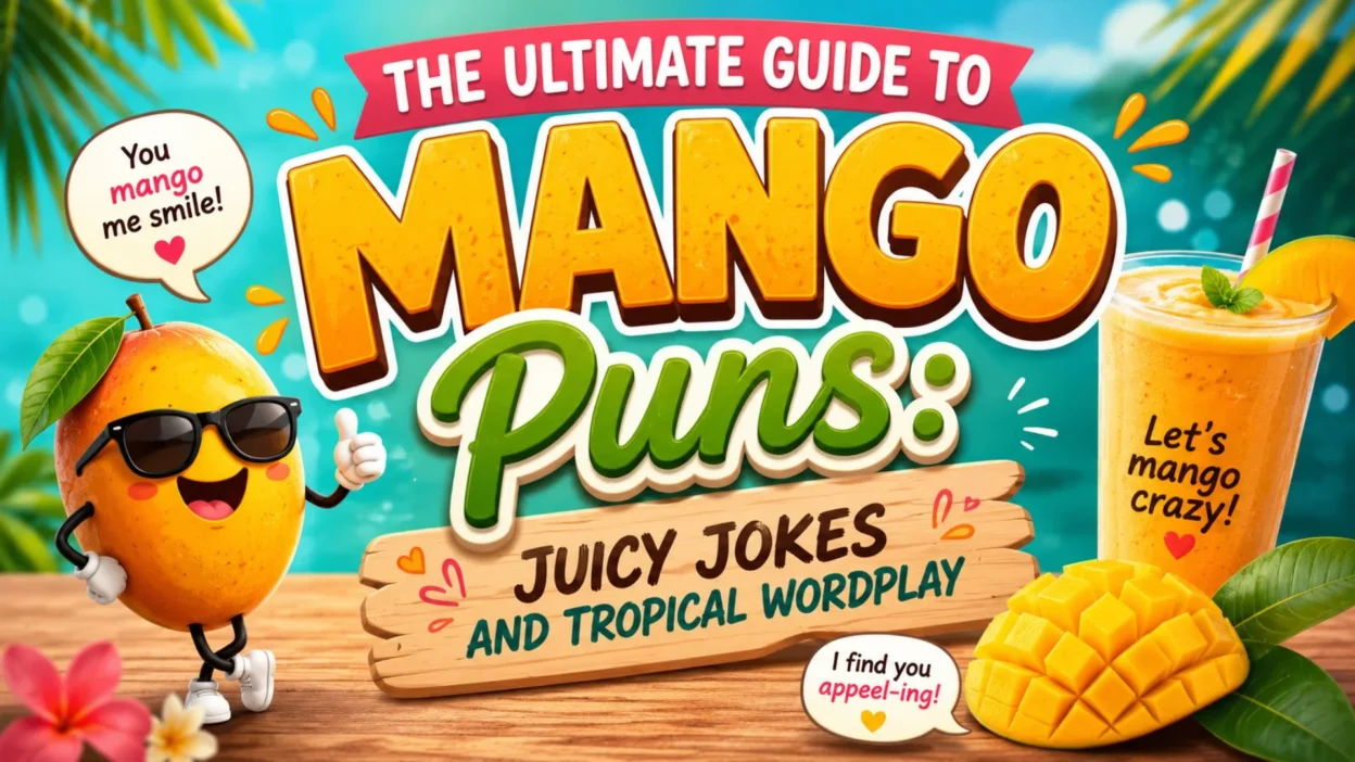 Smiling cartoon mango with tropical drink and funny mango puns on a colorful beach-themed banner for juicy jokes.