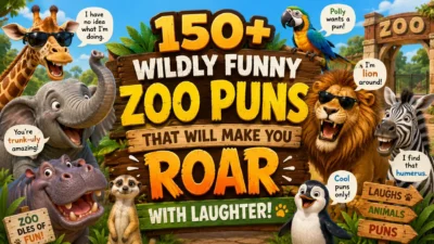 Colorful cartoon zoo animals around a sign reading 150+ wildly funny zoo puns that will make you roar with laughter.