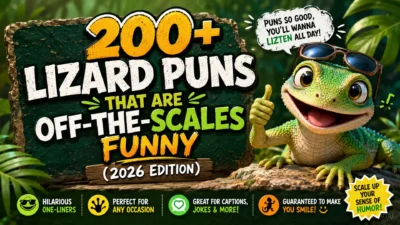 Funny cartoon gecko beside a jungle sign promoting 200+ lizard puns with colourful text and a playful 2026 edition design.