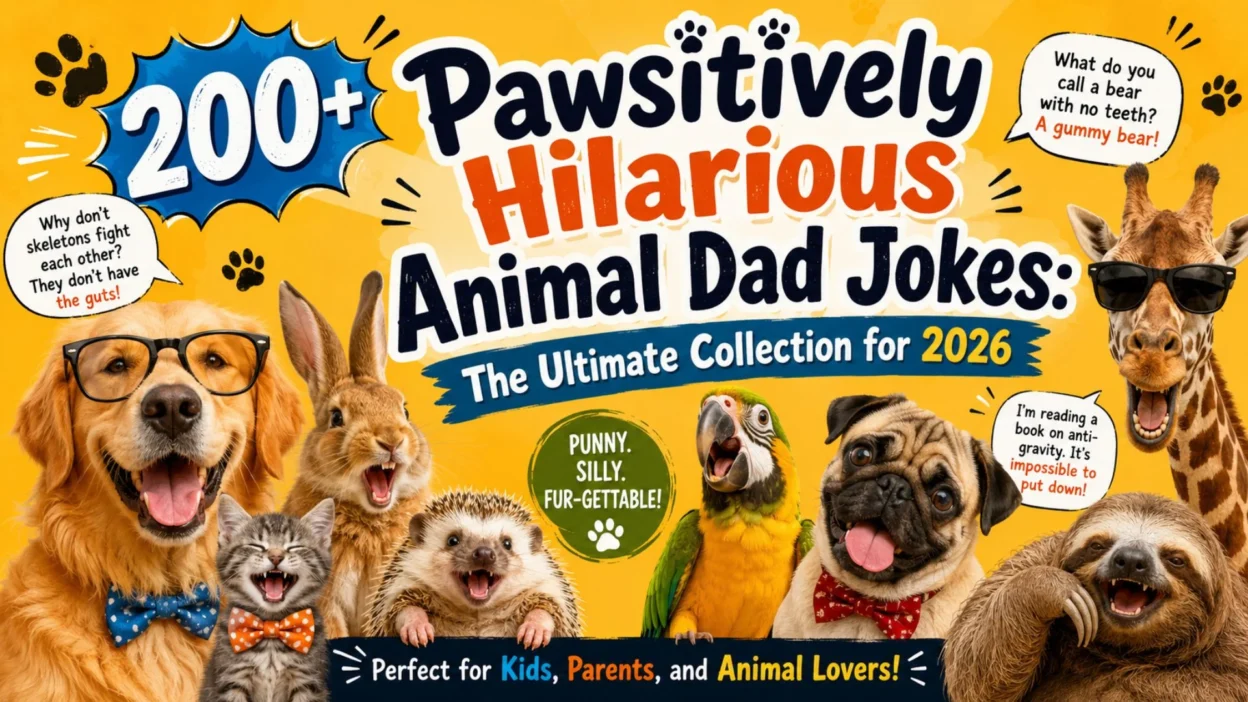 200+ hilarious animal dad jokes cover featuring a dog, cat, rabbit, hedgehog, parrot, pug, sloth, and giraffe with funny jokes.