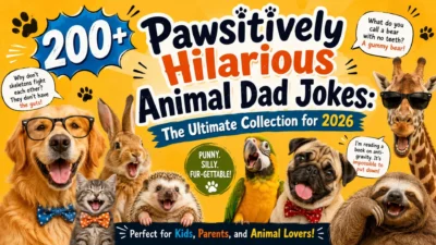 200+ hilarious animal dad jokes cover featuring a dog, cat, rabbit, hedgehog, parrot, pug, sloth, and giraffe with funny jokes.