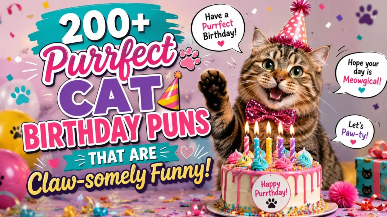 200+ purrfect cat birthday puns with a festive tabby cat, birthday cake, balloons, and colorful party decorations