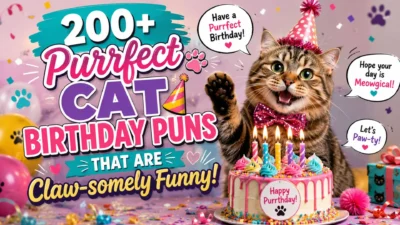 200+ purrfect cat birthday puns with a festive tabby cat, birthday cake, balloons, and colorful party decorations