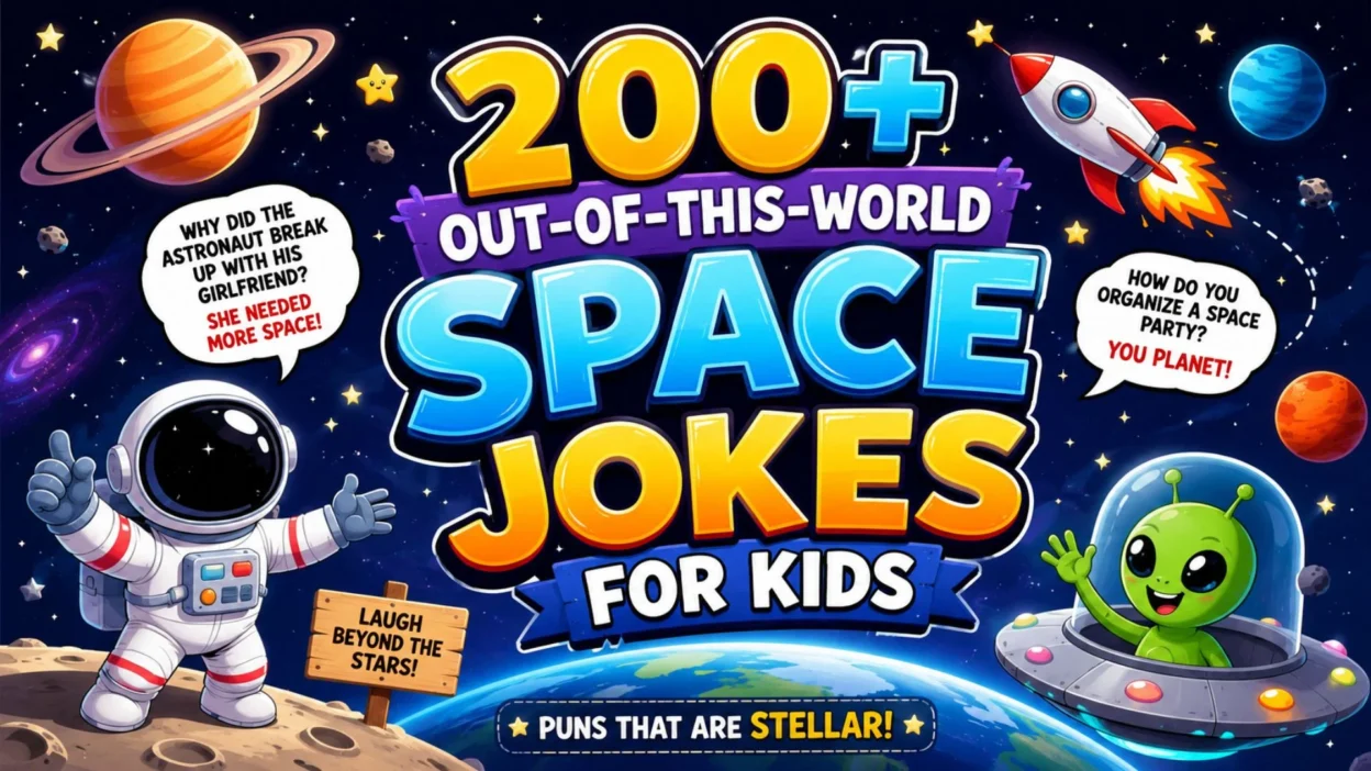 Colorful cartoon space jokes for kids poster with astronaut, alien, rocket, planets, and 200+ funny space puns