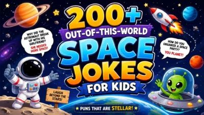Colorful cartoon space jokes for kids poster with astronaut, alien, rocket, planets, and 200+ funny space puns
